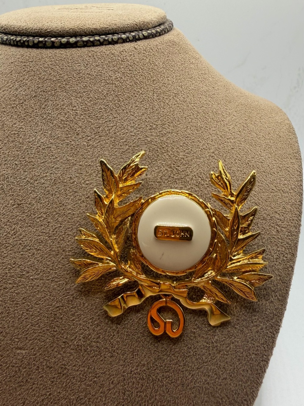St. John Gold-Tone Laurel Brooch with Cream Center and Signature Plaque